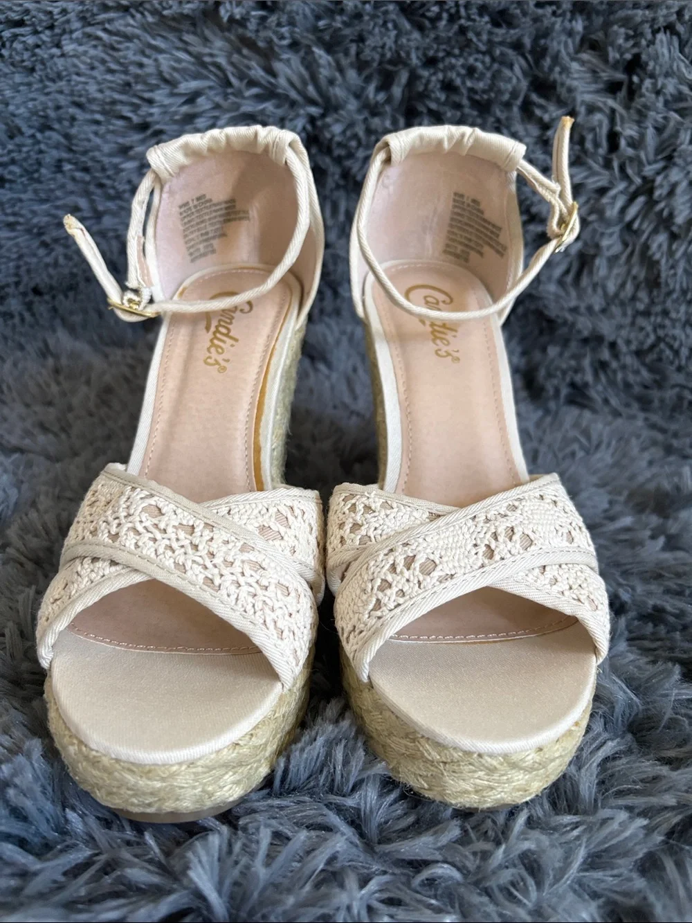 Candie's Cream Crochet Espadrille Wedge Sandals with Jute Platform